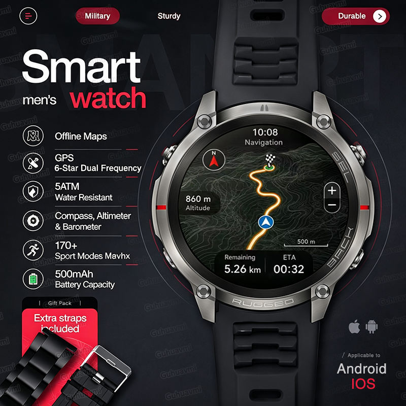 YENI Sağlam Askeri GPS Çevrimd - Smartwatch Rugged Watches For Men incelemesi ve fiyatı